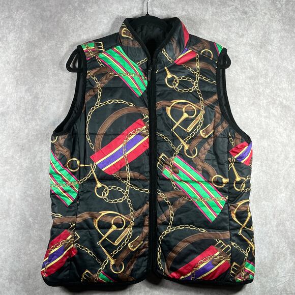 Lauren Ralph Lauren Reversible Vest Womens XL Black Chain Print Logo Preppy - Picture 1 of 9